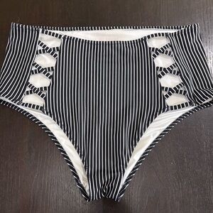 Shade & Shore Black & White Striped High Rise Bikini Batjing Suit Bottoms Size S